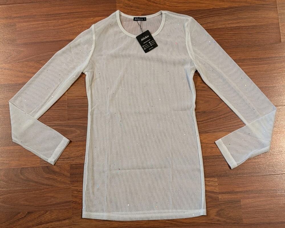 Alchic Womens S Sheer Mesh Sparkle Long Sleeve Mini Dress Y2K Clubwear NWT